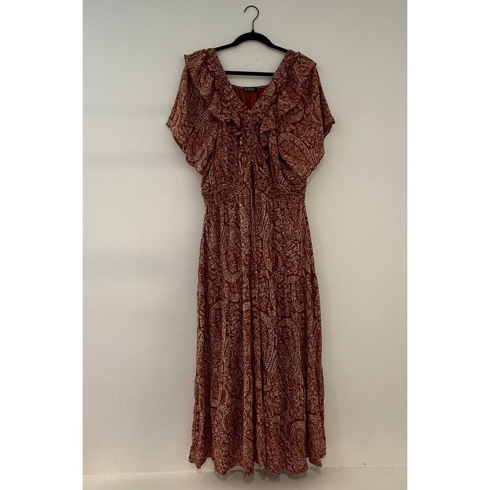 Mikarose Rust Paisley Ruffle V-Neck Smocked Maxi Dress XXL MDFP23619